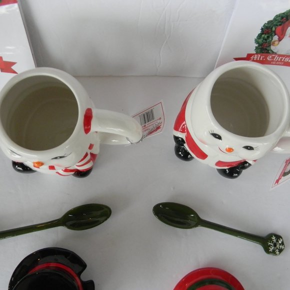 NEW Mr. Christmas SNOWMAN Mugs W/ Lids and Spoons (Set of 2) Large Ceramic GIFT - Picture 3 of 5